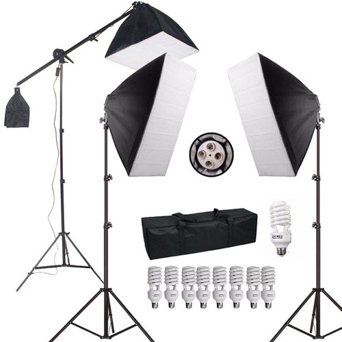 Kit Iluminação Estudio Eros 3 Softbox 2 Tripé 1 Girafa 110v