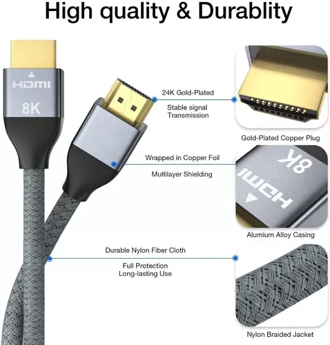 Cable HDMI 8k 4K 60Hz corto HD 2,1 V compatible con HDMI 1m 3m 5m con  carcasa trenzada y de aleación 48Gbps UHD TV Blu-ray Xbox PS4/3 5 PC