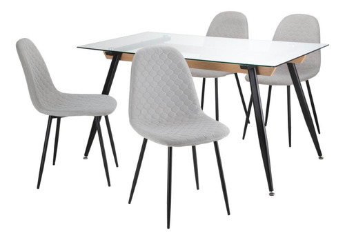 Juego De Comedor 4 Sillas Tipo Eames Tapizadas Con Mesa Rectangular De Vidrio Moderno Minimalista Gris Kingshouse