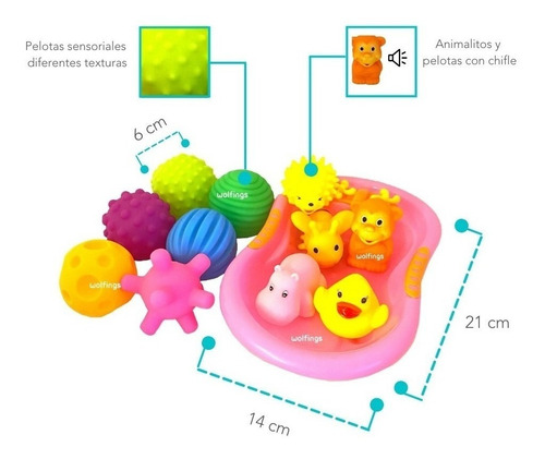 Juego Baño Pelotas Sensoriales Animales Chifle Bañadera Bebe