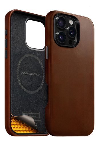 Capinha Capa Case Magbolt Defender Case Para iPhone 16 Pro Com Magsafe Em Couro Genuino E Espuma De Memória Espacial Anti-impacto - Marrom