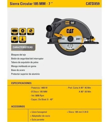 Imagen 5 de 5 de Sierra Circular Eléctrica Cat Dx59 185mm 1400w 220v