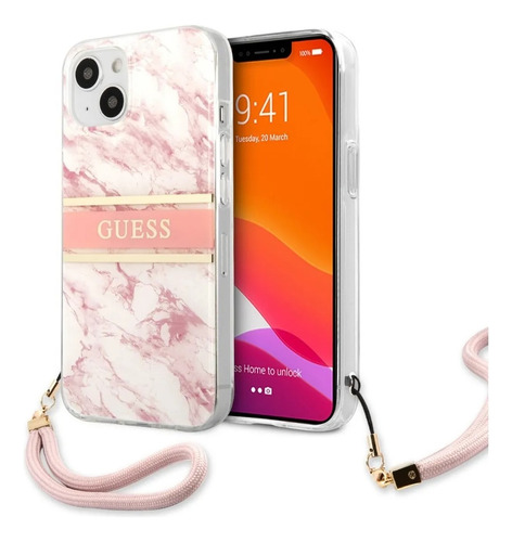 Funda Protector Guess Marble Pink Strap Para iPhone 15