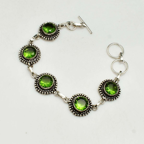 Pulsera  Artesanal En Plata Hindu 925 Y Peridotos Facetados