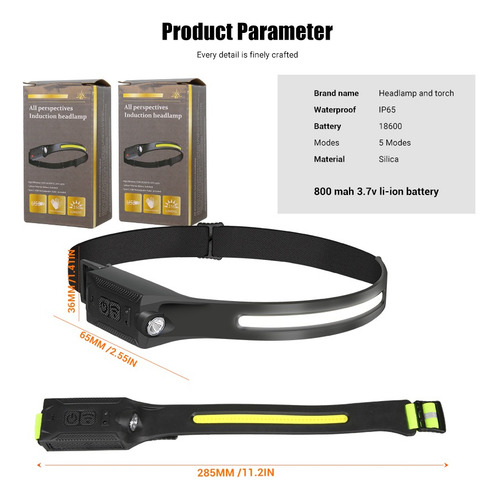 Linterna Frontal Con Sensor Led De 230°, Recargable Por Usb,