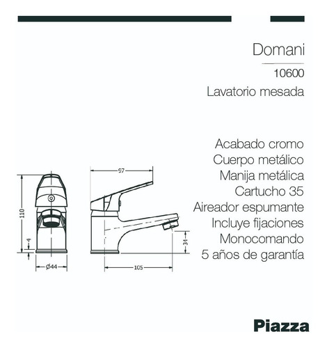Imagen 4 de 7 de Grifería Lavatorio Monocomando Mesada Piazza Domani 10600 Mm