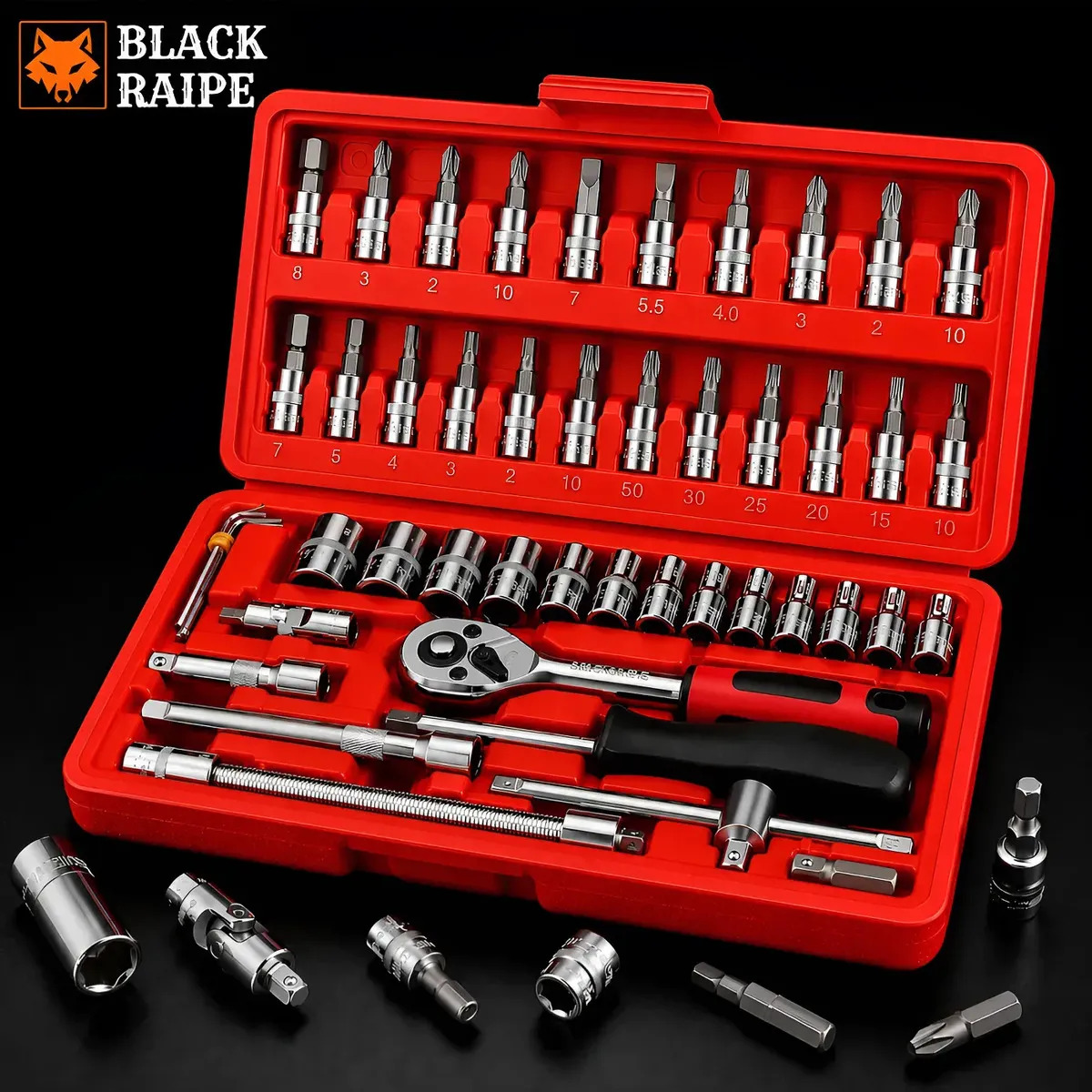 Jogo Chave Canhão Cachimbo Soquete Sextavado Com Catraca Reversível 46 Peças Kit Ferramentas Profissional Aço Cromado... Vermelho Amarelo Azul