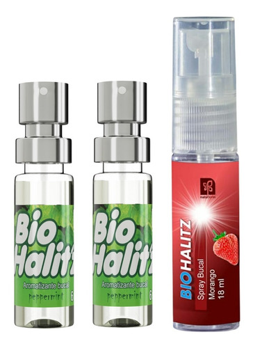 2 Bio Hálitz Spray E 1 Biohalitz Sabor Morango 15ml