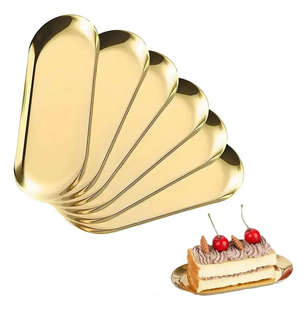 Juego De 6 Bandejas Decorativas Ovaladas De Acero Inoxidable, Plato Para Pasteles Dorado De 22 X 9 Cm, Plato Para Barbacoa