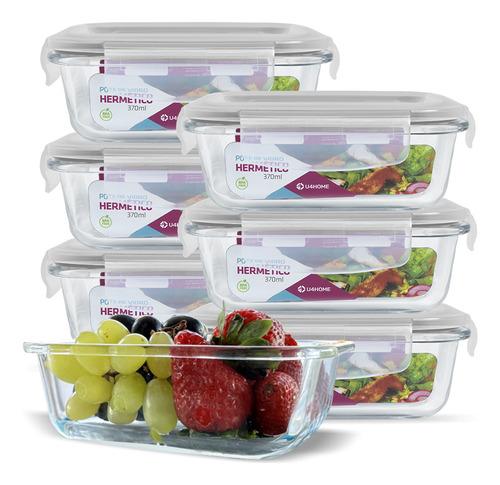 Kit 7 Potes Vidro Hermético Retangular 370ml Papinha Pequeno Cor Branco