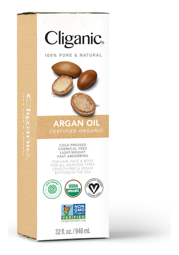 Aceite De Argán Orgánico Cliganic Para Pelo, Cara Y Piel