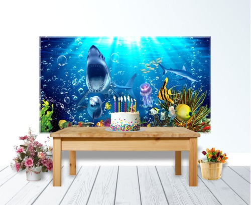 Painel Lona Infantil Fundo Do Mar Tubarão E Golfinho 3x1,7m Cor Colorido
