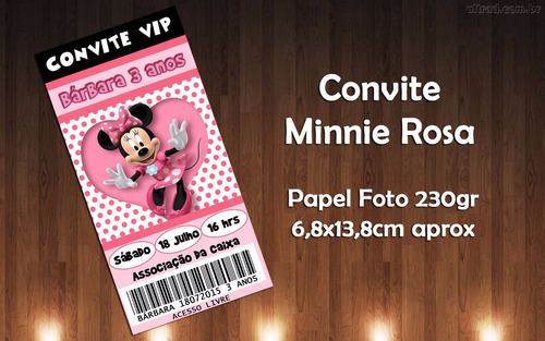 Convite Minnie Rosa - Tipo Ingresso - 30 Unidades