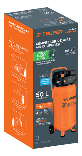 Compresor 50 L Libre De Aceite 60 Hz 13847 Truper