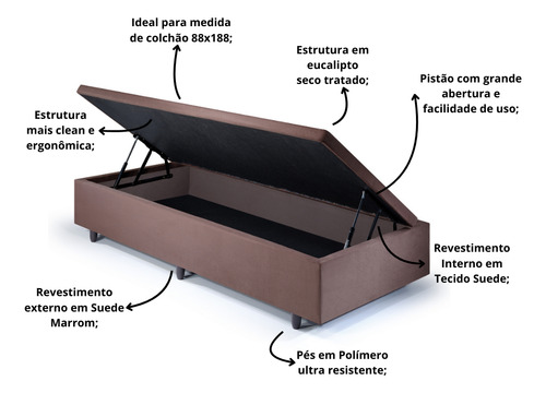 Base Box Solteiro Com Baú 88x188x42cm Suede Marrom