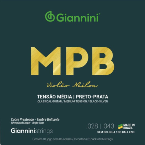 Encordoamento P/ Violão Nylon Giannini Mpb Preto Prata