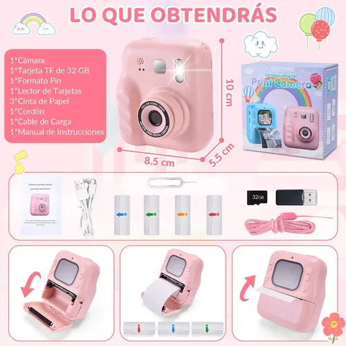 Cámara Instantánea Para Niños Con Impresión Térmica, 1080P HD, Pantalla IPS De 2,4", Incluye Tarjeta SD De 32 GB Y 5 Rollos De Papel, Ideal Para Regalar De 3 A 12 Años