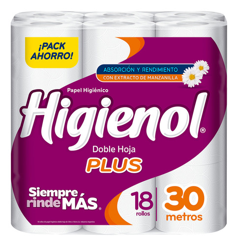 Papel Higiénico Higienol Plus Doble Hoja 30 Metros 18 U