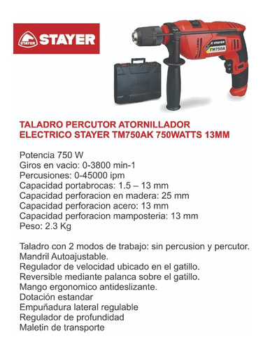 Imagen 2 de 6 de Taladro Percutor Elec Stayer Tm750ak 750watts 13mm Maltin