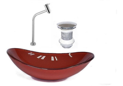 Cuba De Vidro Oval 47cm Vermelho Cereja + Válvula + Torneira