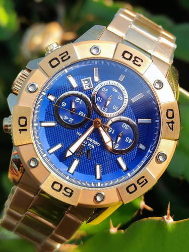 Relogio Dourado Masculino Vip Cronografo Grande Fundo Azul