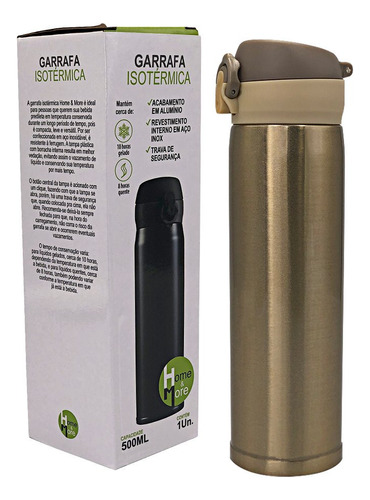 Garrafa Isotérmica 500ml C/tampa Plástica C/trava Cor:branco Cor Dourado