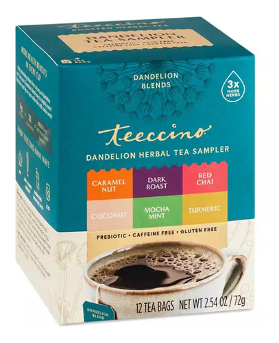 Teeccino, Muestra De Té De Hierbas Con Diente De León, 6 Sabores, Sin Cafeína, 12 Bolsitas De Té, 72 G (2,54 Oz)