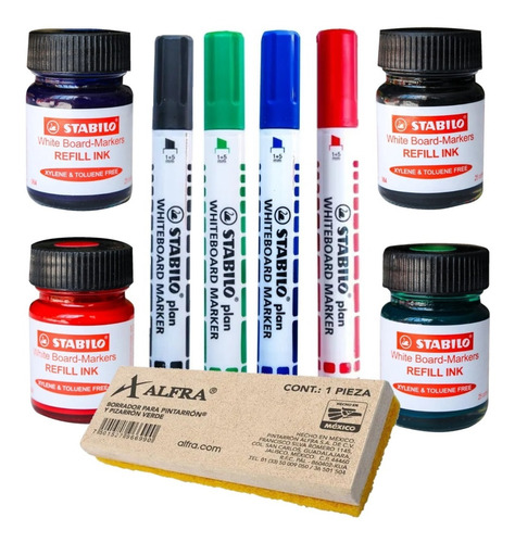 Kit Marcador Stabilo Para Tablero X 4 + Tintas + Borrador