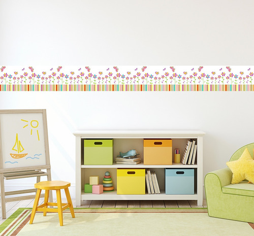 Vinil Decorativo Cenefa Infantil Líneas Y Mariposas Hd