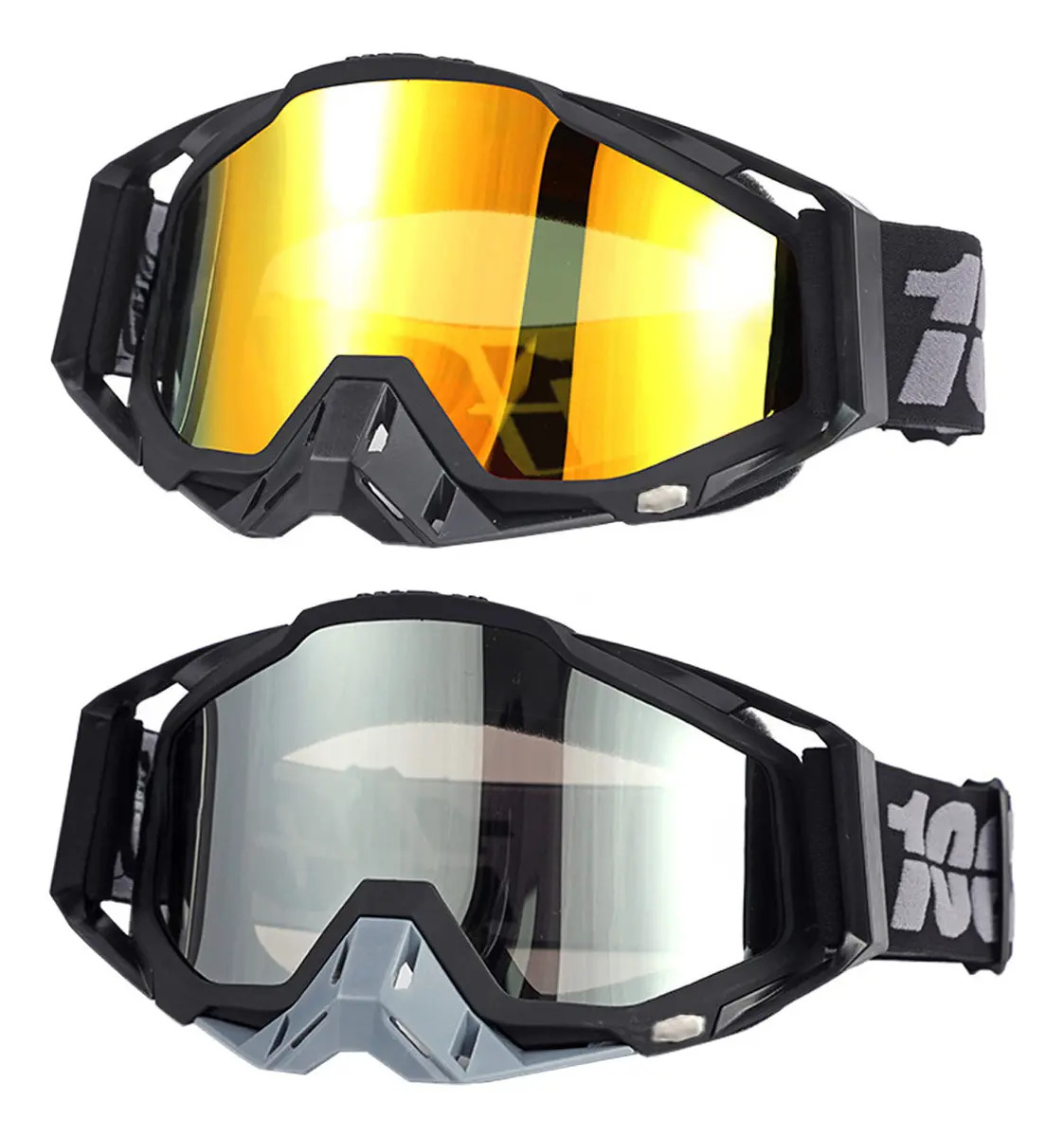 2pcs Goglesss Motocross Gafas De Esquí Tacticos Anti Niebla Lente Plata/oro Armazón Negro Colores Del Arcoiris
