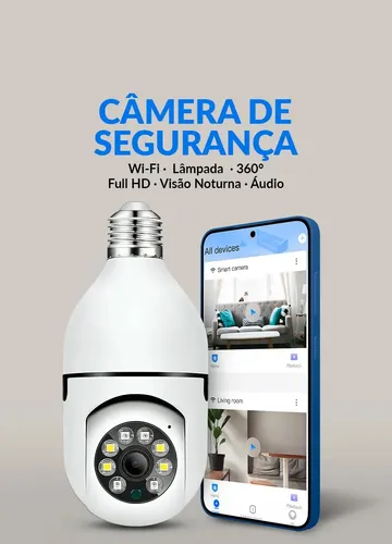 Câmera de Segurança Lâmpada Wi-Fi IP 360 Graus Full HD 1080p E27 Monitoramento Residencial Interno Pelo Celular Aplicativo Sensor Movimento Visão Noturna Áudio Bidirecional Câmera Robô Vigilância
