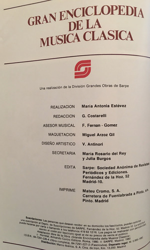 Gran Enciclopedia Mùsica Clâsica Sarpe 1980 (incompleta) (Usado)