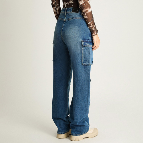 Jeans Tiro Alto Cargo Azul Mujer Moda Denim Básicos