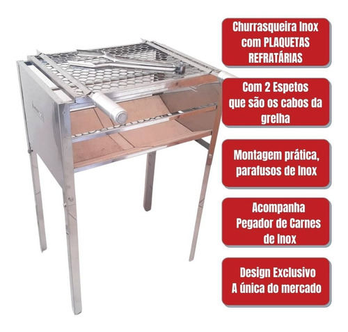 Churrasqueira De Inox Com Pedra Refrataria Grelha E Espetos