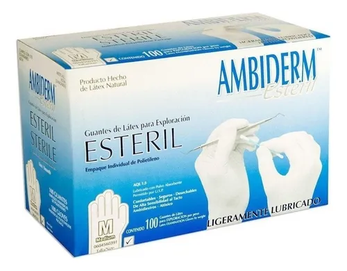 comprar Guante De Latex Estéril Ambiderm Talla Mediana Con 100 Piezas Color Natural Acabado Liso Textura Sedosa Para exploración Desechables De alta sensibilidad al tacto Confortables y seguros.