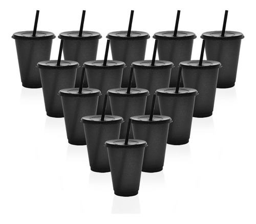 15vasos Mágicos Reutilizables Plástico 16oz C/tapa Y Popote Negro