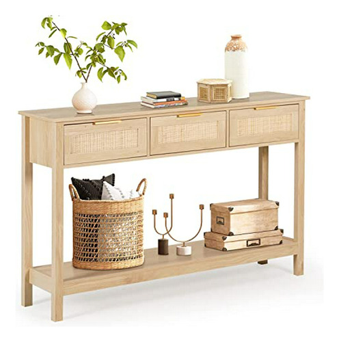 Mesa Consola Rattan Boho Con Cajones - Natural