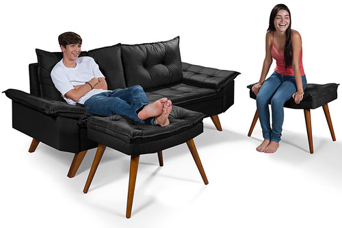 Sofa Bariloche 3 Lugares Com 2 Banquetas Essencial Estofados Cor Preto Desenho do tecido Liso