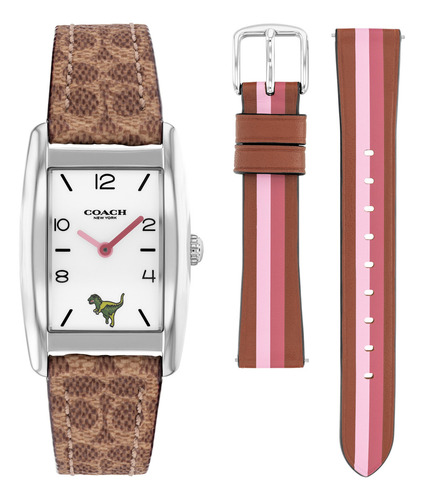 Coach Reloj Para Mujer 14000124 Reese Piel Color Khaki 24mm Correa Caqui Bisel Plateado Fondo Blanco