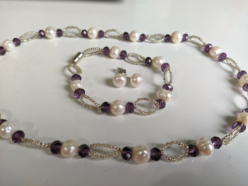 Conjunto Colar + Pulseira + Brincos Pérolas Verdadeiras
