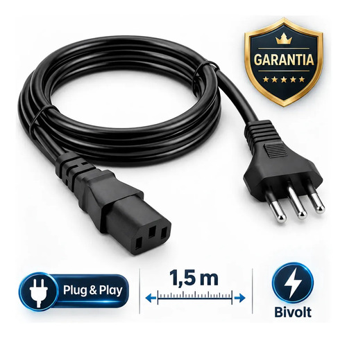Cabo De Força Energia Tripolar IEC C13 Para Pc Monitor Impressora 1,5m Metros Padrão Brasileiro Bivolt 110v 220v Computador Reforçado Alta Durabilidade Compatível Cpu Fonte Tv Nobreak Eletric Teck