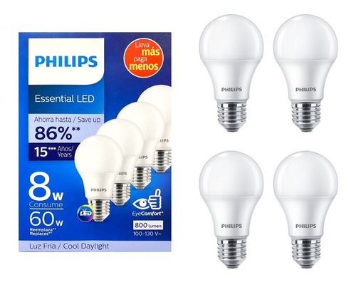 Paquete 4 Piezas Foco Philips 8w (60w) Led Luz Fria 6500k