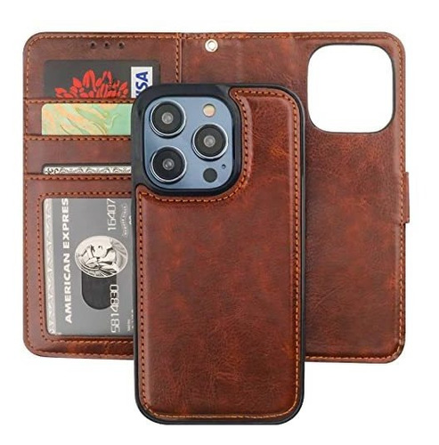 Funda Para iPhone 14 Pro Desmontable Bloq Rfid Cuero Marron