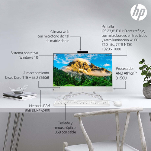 Imagen 4 de 6 de Hp Aio Fhd 23.8/amd Athlon 3150u/8gb Ram/256gb Ssd+1tb Hdd