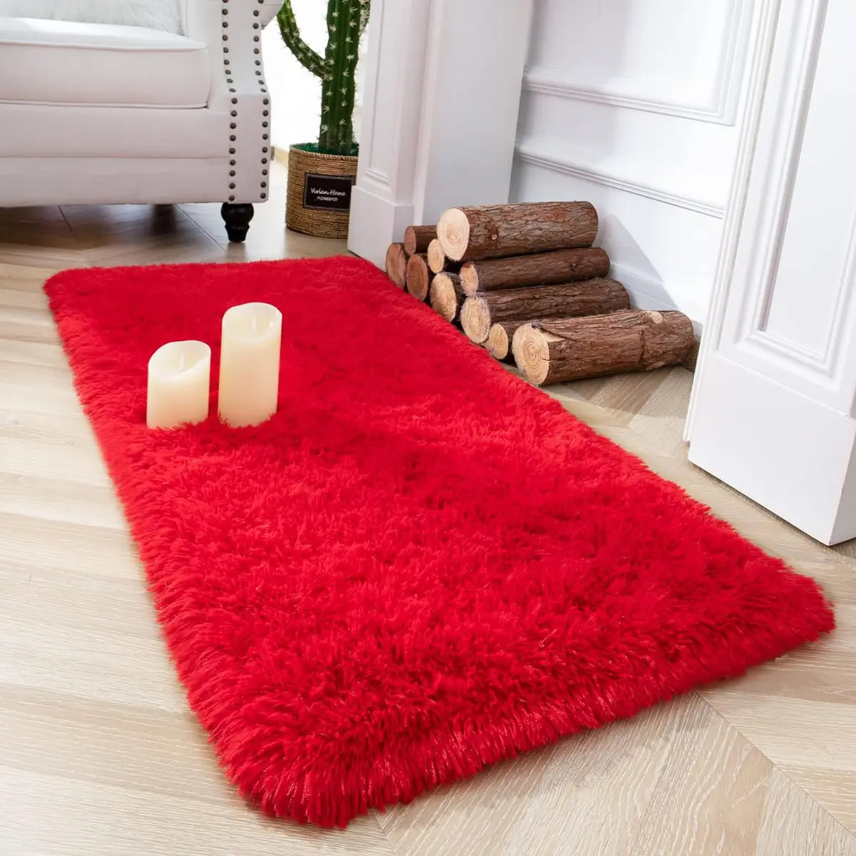 Passadeira Corredor 1,00x0,60 Tapete Super Peludo Beira De Cama Sala Quarto Vermelho Mageal