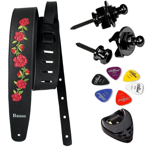 Correia Guitarra Violão Baixo Basso Vt Fl Floral Preto + Kit