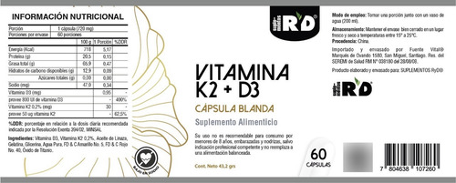 Vitamina K2 + D3 60 Softgels Suplementos Ryd