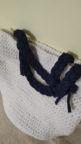 Cartera Artesanal Hilo Crochet Con Funda Y Bolsillo Interno Blanco Lisa Hilo Azul
