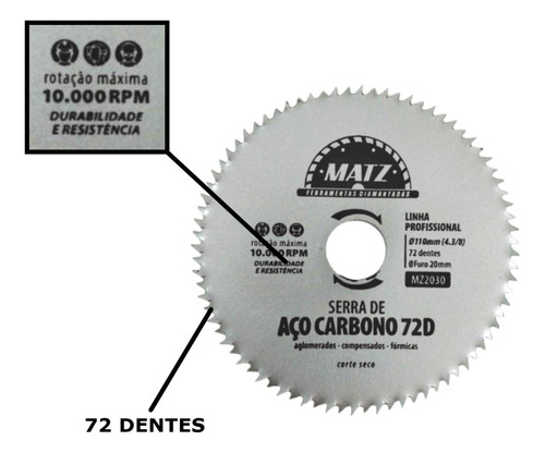 Kit 3 Disco Serra Aço P/ Madeira 72 Dentes 110mm X 20mm Matz