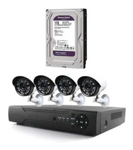 Imagen 1 de 3 de Kit Cctv De Seguridad 4 Cam Full Hd 1080p + Disco Duro 1 Tb